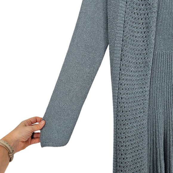 Soft Surroundings Long Duster Cardigan M Blue Crochet Pleated Boho Cottagecore - Picture 11 of 11